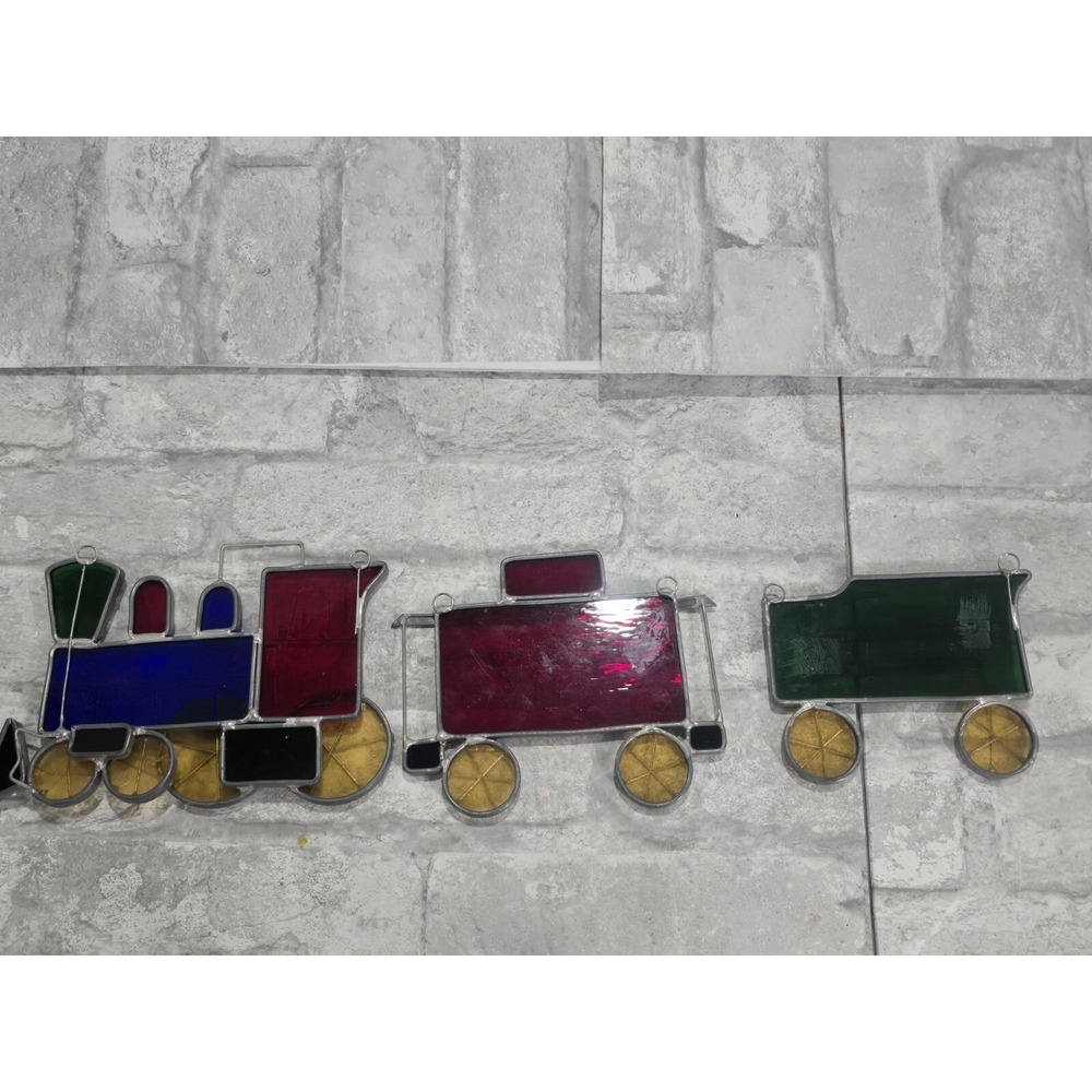 3 Lead Stained Glass Train Set Sun‎ Catcher Ornaments Blue Red Green
